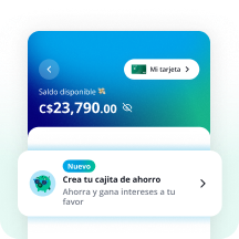 Pantalla de la app LAFISE Digital mostrando el saldo disponible y el banner para crear una Cajita de Ahorro.