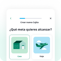 Pantalla de la app mostrando la selección de categoría de meta, casa o viaje, al crear una Cajita de Ahorro