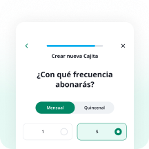 Pantalla de la app mostrando la configuración de frecuencia, mensual o quincenal, y monto de abono de la Cajita de Ahorro